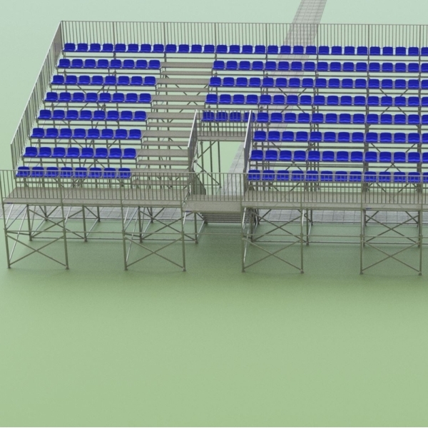 Stāv tribīne ar plastmasas TZ sēdekļiem uz paceltas platformas